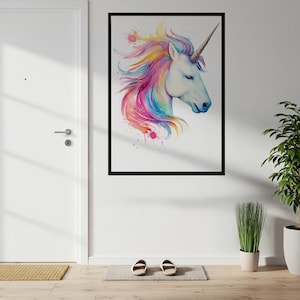 Magical Unicorn Poster, Watercolor Rainbow Unicorn Print, Whimsical Fantasy Wall Decor for Kids Room, Nursery, Girls Bedroom, Dreamy Gift