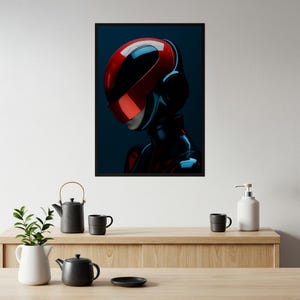 Pôster futurista cyberpunk fosco com capacete vermelho | Impressão de arte digital de ficção científica para sala de jogos e decoração de home office | Presente de arte de parede enigmático