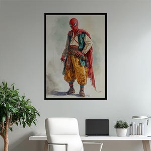 Spider-Man Historical Costume Art Print | Unique Watercolor Superhero Poster | Fantasy Pop Culture Wall Decor | Imaginative Character Design