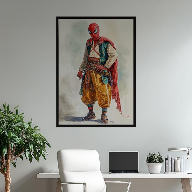 Spider-Man Historical Costume Art Print | Unique Watercolor Superhero Poster | Fantasy Pop Culture Wall Decor | Imaginative Character Design