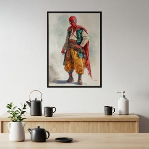 Spider-Man Historical Costume Art Print | Unique Watercolor Superhero Poster | Fantasy Pop Culture Wall Decor | Imaginative Character Design