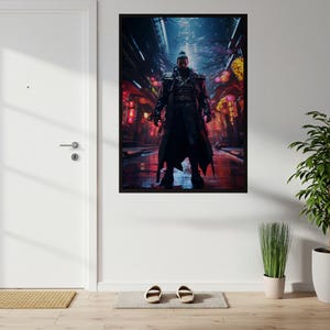Shadow Samurai Cyberpunk Poster | Futuristic Warrior Wall Art | Neo-Tokyo Dystopian Print | Rainy City Sci-Fi Decor | Gaming Room Art Gift