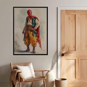 Spider-Man Historical Costume Art Print | Unique Watercolor Superhero Poster | Fantasy Pop Culture Wall Decor | Imaginative Character Design