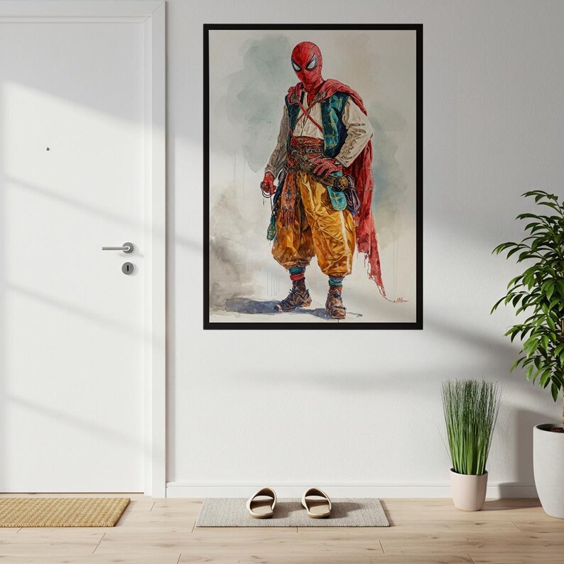 Spider-Man Historical Costume Art Print | Unique Watercolor Superhero Poster | Fantasy Pop Culture Wall Decor | Imaginative Character Design