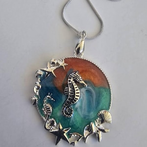 Resin and silver seahorse sunset ocean necklace pendant with seashell bezel jewelry gift seahorse gift nature gift ocean jewelry