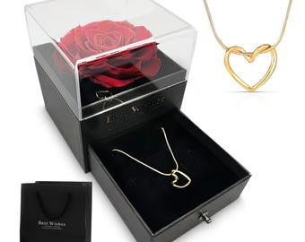Caixa de presente Eternal Real Red Rose - Rosa preservada com colar banhado a ouro 24K e um pingente de coração - Presente romântico para ela