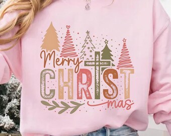 Merry Christmas Cross Sweatshirt, Boho Holiday Pullover, Faith Shirt