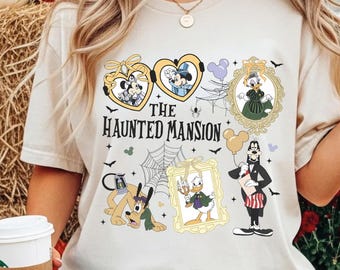 Camiseta de Halloween Comfort Color® Disney Coquette Bow Haunted Mansion, camiseta de Mickey y sus amigos, camiseta espeluznante, sudadera de Halloween con máscaras