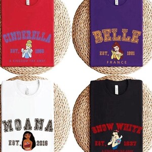 May include: Six different t-shirts featuring Disney princesses. Each shirt has a different princess, name, and established year. The shirts are red, purple, orange, white, black, and gray.
