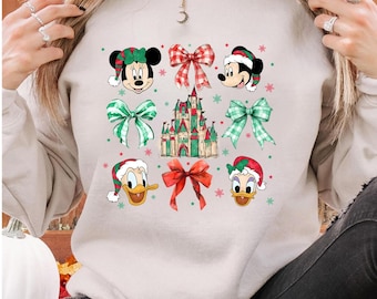 Comfort Colors Disney Christmas T-shirt, Mickey and Friends, Coquette Bow