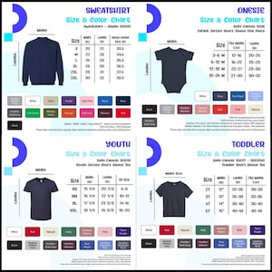 May include: Size chart for Gildan 18000 sweatshirts, Bella Canvas 3001Y youth t-shirts, Bella Canvas 3001T/3001CVC toddler t-shirts, and Bella Canvas 1000 onesies. The chart includes measurements for width, length, and sleeve length in inches. Color options include white, sand, purple, light pink, royal, navy, heather dark gray, irish green, military green, orange, maroon, red, black, heather gray, natural, kelly, heather maroon, pink, team, true royal, columbia blue, midnight navy, and heather athletic gray.