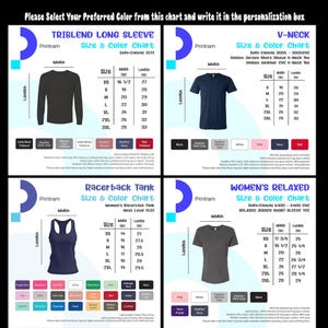 May include: Color and size charts for various t-shirt styles, including a long sleeve, V-neck, racerback tank, and relaxed short sleeve tee. Each chart displays size measurements in inches and color options.