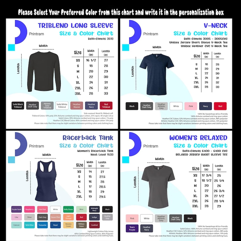 May include: Color and size charts for various t-shirt styles, including a long sleeve, V-neck, racerback tank, and relaxed short sleeve tee. Each chart displays size measurements in inches and color options.