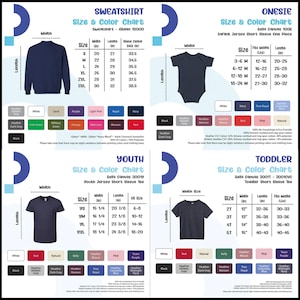May include: Size and color charts for sweatshirts, onesies, youth short sleeve tees, and toddler short sleeve tees. Includes size charts with measurements in inches and color swatches for various apparel options.