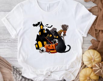 Moletom bordado de Halloween com estampa de gato fantasma: camiseta engraçada de outono