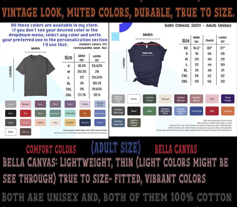 Op de afbeelding: Een tabel met de maat en afmetingen van Bella Canvas 3001 unisex t-shirts. De tabel toont de breedte, borst en lengte in inches voor maten XS tot 3XL. De tabel bevat ook een kleurenkaart met een verscheidenheid aan kleuren om uit te kiezen.