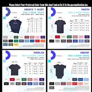 May include: A chart with size and color options for various t-shirts, including unisex, youth, toddler, and onesie styles. The chart provides measurements in inches and lists available colors like white, red, and navy.