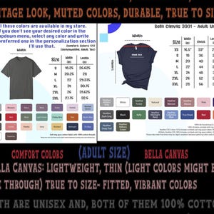 May include: A chart showing the size and measurements of Bella Canvas 3001 unisex t-shirts. The chart shows the width, chest, and length measurements in inches for sizes XS to 3XL. The chart also includes a color chart with a variety of colors to choose from.