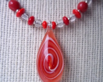 Red Teardrop Lampwork Pendant Necklace, Sterling Silver, Art Glass