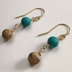 Matte Tan Picture Jasper Earrings, Genuine Turquoise Earrings, Semiprecious Gemstones 14K Gold Filled Wire Wrapped Beaded Earring Dangle