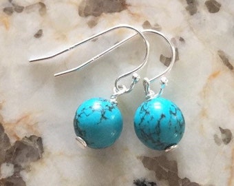 Genuine Turquoise Earrings, Semiprecious Gemstones Sterling Silver French Hook Earrings Beaded Dangle