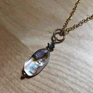 Abalone Shell Pendant and Chain Necklace 14K Gold Filled Swarovski Crystal Accent Natural Blue Green Aqua Pink Oval Beach Necklace