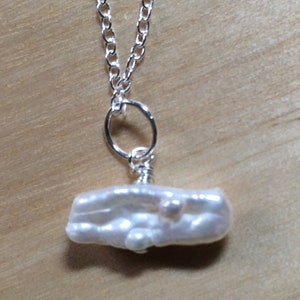 Genuine Freshwater Pearl and Chain Necklace White Baroque Stick Pearl Pendant Sterling Silver Organic Beach Necklace