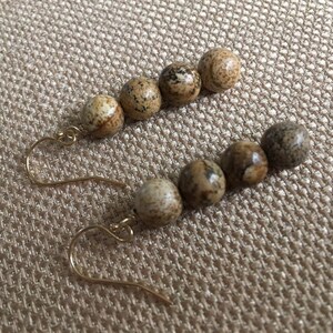 Picture Jasper Earrings, 14K GF Earwires Semiprecious Gemstone, Long Earrings, Tan Earrings Brown Earrings, Beaded Earrings Dangle