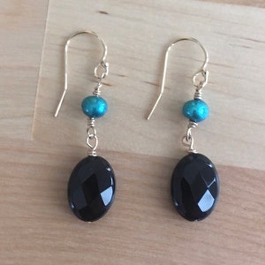 Faceted Black Onyx Earrings Turquoise Freshwater Pearl Earrings Semiprecious Gemstone Earrings, 14K Gold Filled Teal Earrings
