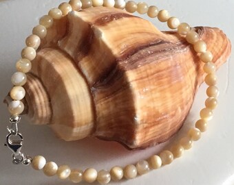 Mother of Pearl Sterling Silver Bracelet, Sand Beige Beaded Bracelet