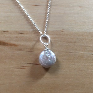 Silver Gray Freshwater Coin Pearl, Genuine Baroque Pearl and Chain Necklace Sterling Silver Organic