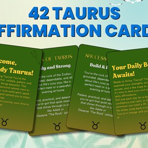 Könnte beinhalten: Ein Set mit 42 Affirmationskarten, die für das Sternzeichen Stier entwickelt wurden. Die Karten sind grün mit gelbem Text und zeigen ein Stier-Symbol. Der Text auf den Karten enthält Sätze wie "Willkommen, stabiler Stier!" und "Dein täglicher Boost wartet!"