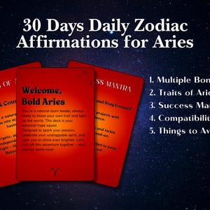 41 carte di affermazioni quotidiane per il segno zodiacale dell'Ariete. Flashcard dello zodiaco dell'Ariete per fiducia, coraggio e crescita con il mazzo di carte di affermazioni quotidiane.