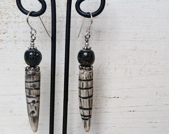 Bold Black and White Boho Striped Carved Faux Ivory Earrings Faux Obsidian Earrings Sterling Silver