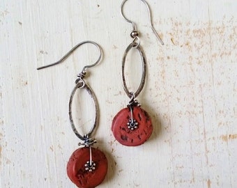 Dangly Bold Long Faux Red Coral Sterling Silver Earrings with Handmade Coral Artifacts Boho Statement Jewelry