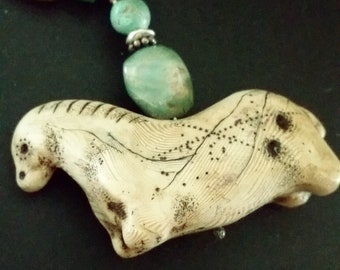 Long 30" Statement Green Turquoise Handmade White Horse Necklace Sterling Silver