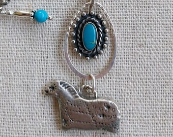 OOAK 20" Pendant Necklace Custom-Cast Sterling Horse Charm w/ Upcycled Repurposed Sterling Blue Turquoise Old Pawn Trading Post Pendant