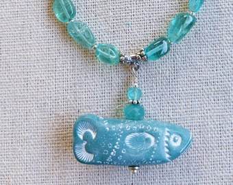20" Necklace with Handmade Faux Soapstone Black Fish Artifact Apatite Nugget Beads Faceted Chalcedony Sterling Silver