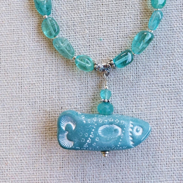 20" Necklace with Handmade Faux Soapstone Black Fish Artifact Apatite Nugget Beads Faceted Chalcedony Sterling Silver