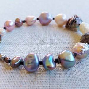 One-of-a-Kind 7.25&quot; Pink Keshi Pearl & Gemstone Bracelet Garnet Nugget Antique Victorian Button Clasp June Birthstone Gemini