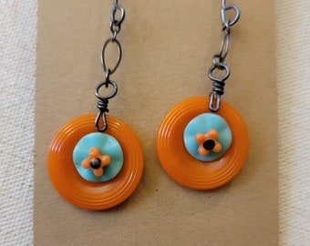 Handmade Orange Vintage Button Earrings with Antique Vintage Glass Trade Beads Turquoise Sterling Silver