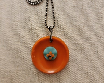 Orange Vintage Button 16" Necklace with Antique Vintage Glass Japanese & Trade Beads Oxidized Sterling Silver Ball Chain