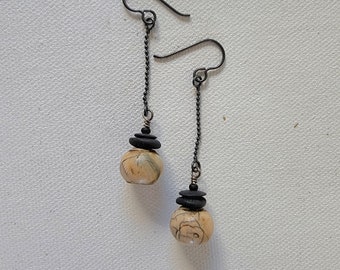 OOAK Dangly Faux Ivory Ball Earrings Polymer Clay Scrimshaw Oxidized Sterling Silver