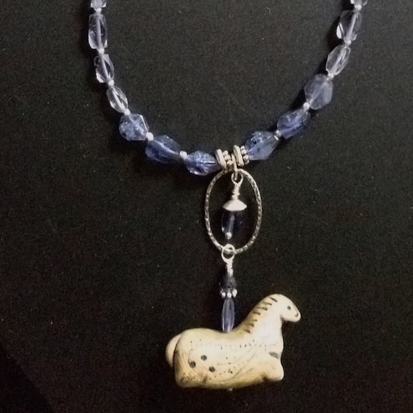 20" Handmade White Faux Ivory Horse with Iolite Blue Violet Gemstone Necklace Sterling Silver FREE Iolite Earrings!