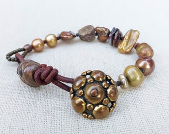 7.25" Beaded Pearl Gemstone Bracelet Rough Garnet Antique Brass Button Toggle Grold Roseword Copper OOAK One of a Kind