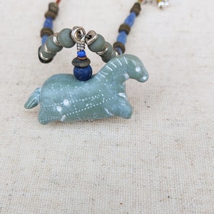 1618 Handmade Green Faux Soapstone Horse Necklace Handmade and Sodalite Stone Antique Trade Beads Polymer Beads FREE Earrings image 5