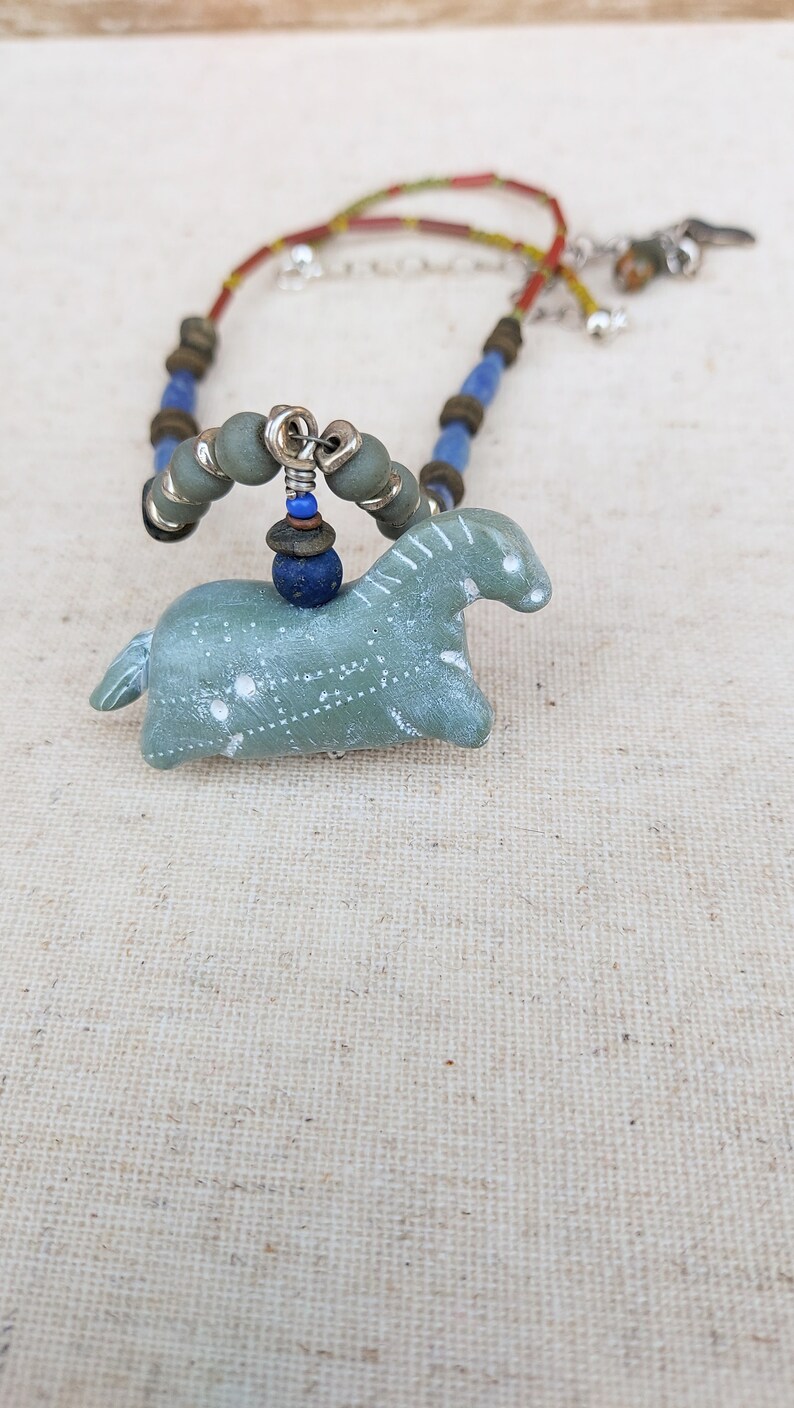 1618 Handmade Green Faux Soapstone Horse Necklace Handmade and Sodalite Stone Antique Trade Beads Polymer Beads FREE Earrings image 5