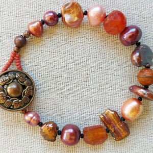 7.25&quot; Bead Keshi Pearl & Gemstone Bracelet Carnelian Andalusite Nugget Vintage Plastic Victorian Button Clasp June July Virgo Birthstone