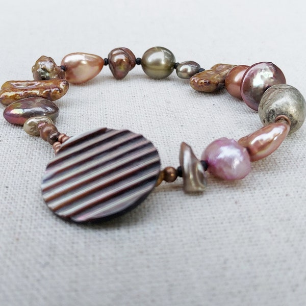 7.5" Beaded Bracelet Freshwater Keshi Pearls MOP Antique Button Clasp Copper, Rosewood Mauve Pewter OOAK One-of-a-Kind Pearl