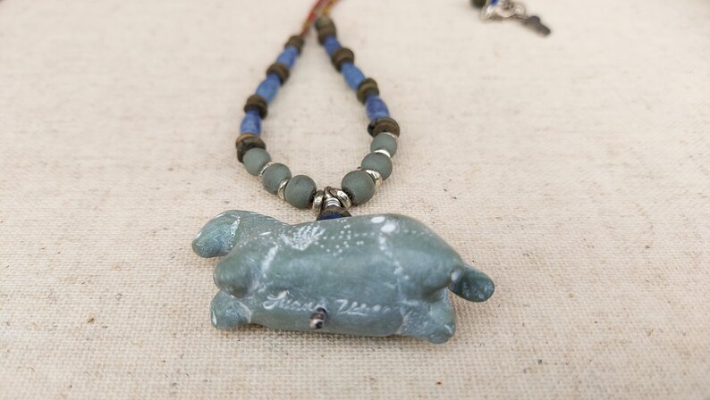 1618 Handmade Green Faux Soapstone Horse Necklace Handmade and Sodalite Stone Antique Trade Beads Polymer Beads FREE Earrings image 4